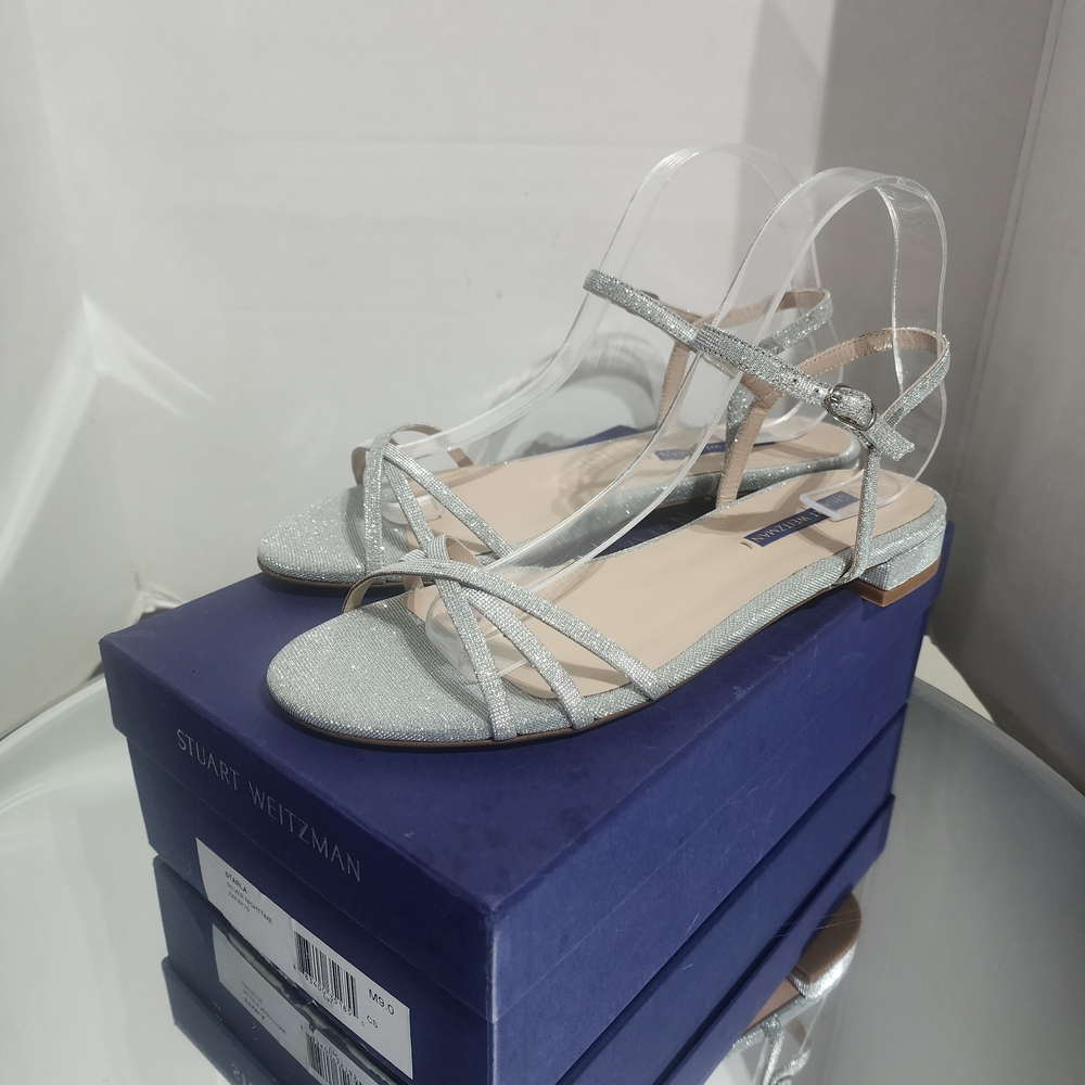 Stuart Weitzman Silver Metallic Shimmer Flat Sandals Size 9 NEW w/ Box